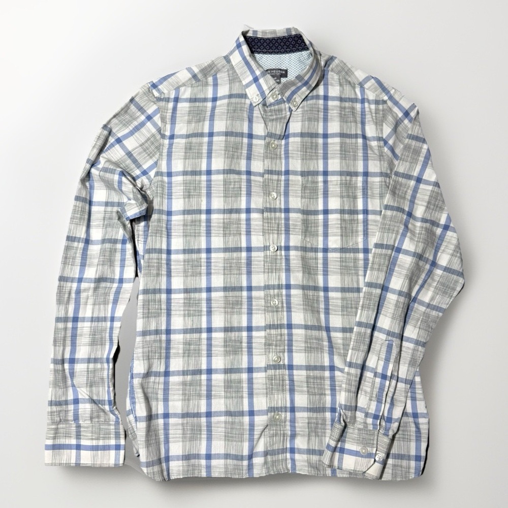 Van Heusen Never Tuck Mens Small Plaid Button Down Shirt Blue Grey 5021202